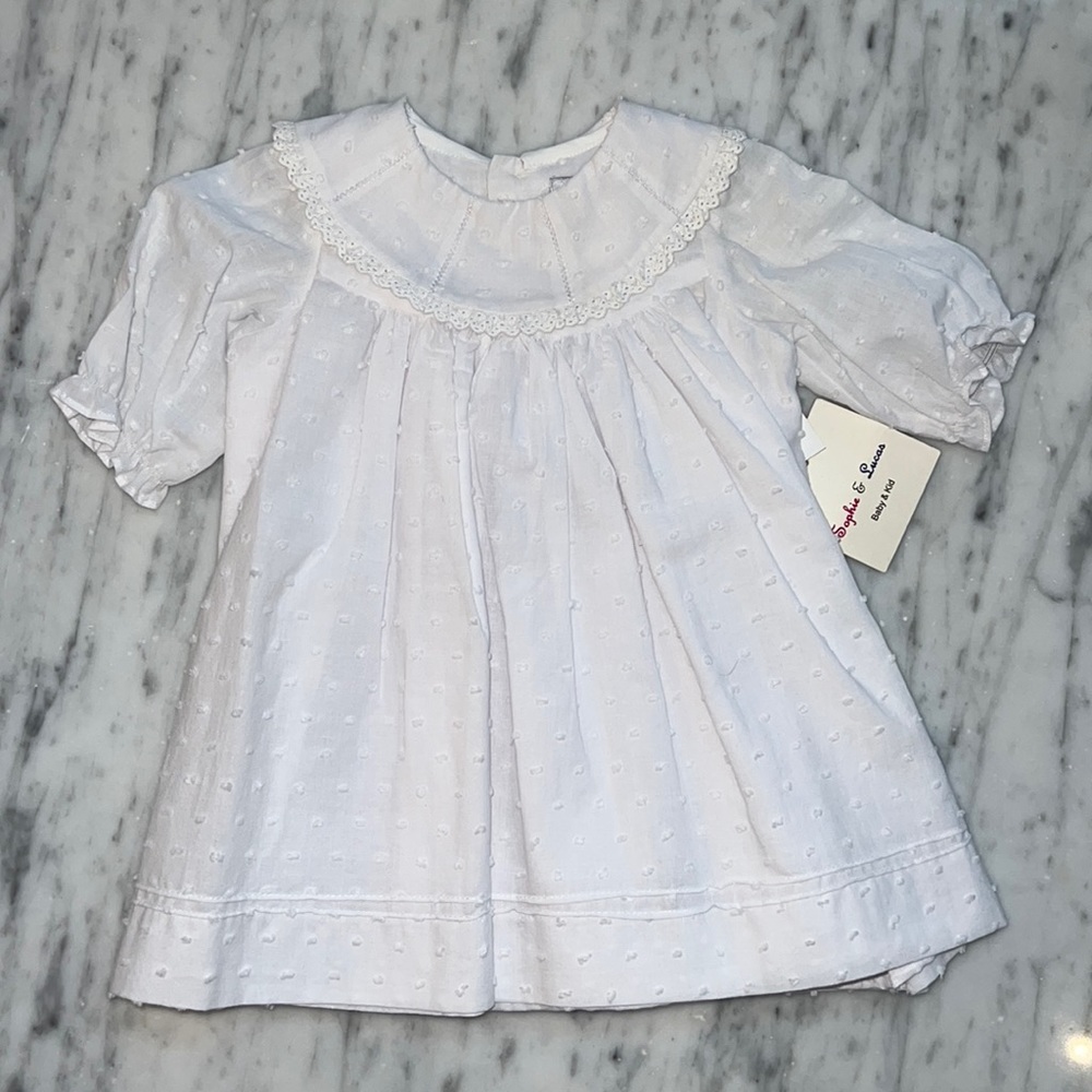 New Sophie & Lucas White Dotted Swiss Quarter Sleeve Girls Dress